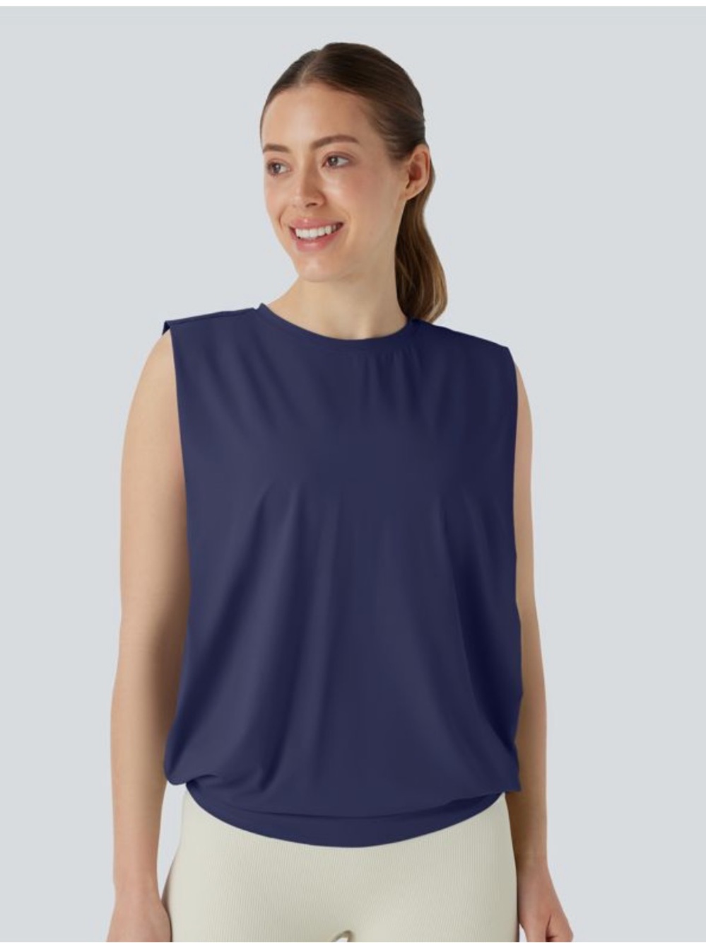 Halara Round Neck Ruched Cool Touch Yoga Tank Top UPF50+ Sz S Blue NWT